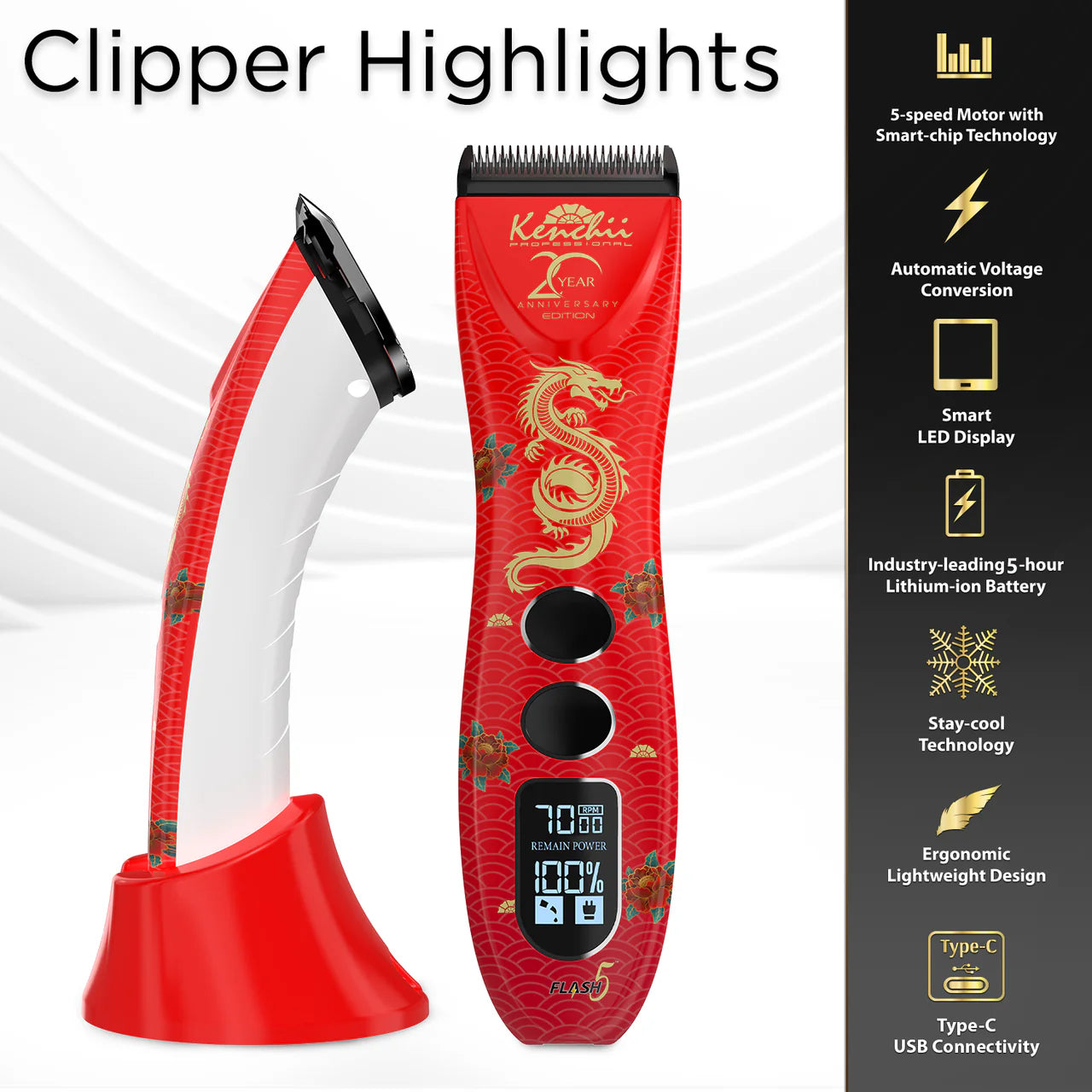 Kenchii Flash5™ | 5-in-1 Digital Cordless Clipper | 20th Anniversary Edition